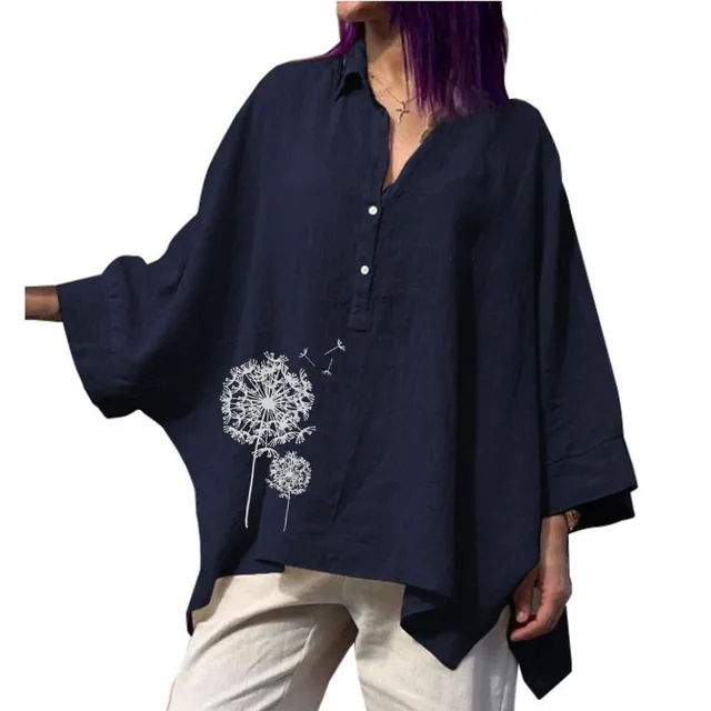 Batwing Clothes Loose Cotton And Linen Tops Navy Blue Dandelion - Shop at LoveMi