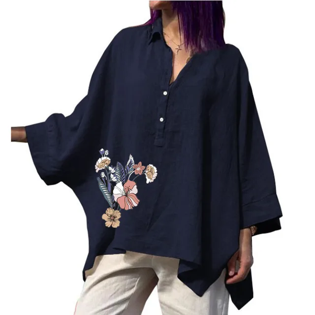 Batwing Clothes Loose Cotton And Linen Tops Navy Blue Petunia - Shop at LoveMi
