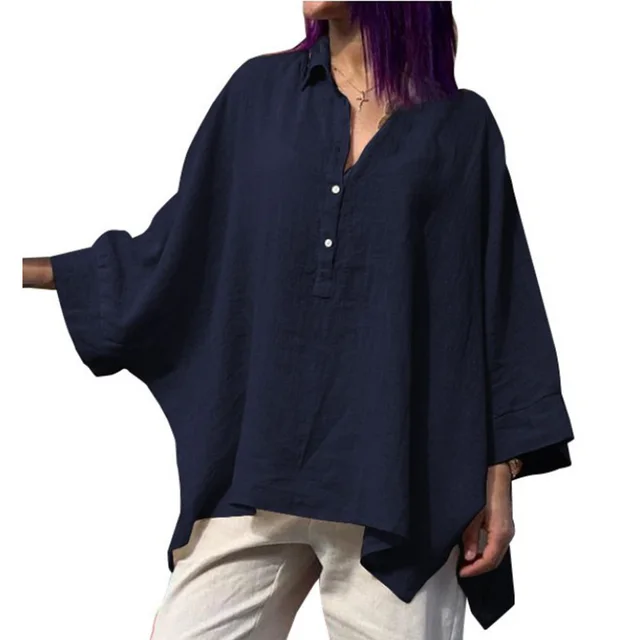 Batwing Clothes Loose Cotton And Linen Tops Navy Blue - Shop at LoveMi