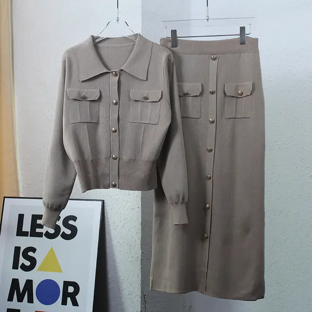 Elegant Pleated Slim fit Lapel Woolen Skirt Two piece Suit Khaki - Shop at LoveMi