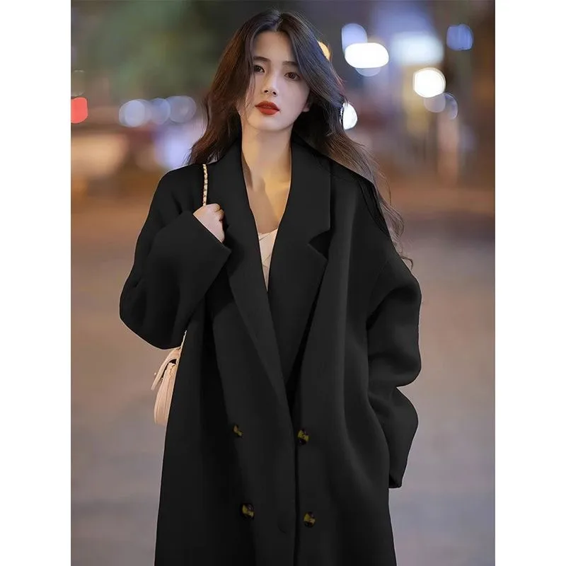 Design Sense Oatmeal Color Small Woolen Overcoat Women's Coat Black Ribbon Velvet - Shop at LoveMi