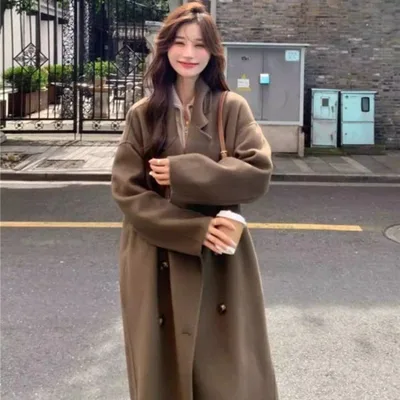 Design Sense Oatmeal Color Small Woolen Overcoat Women's Coat Brown Single Layer Woolen - Shop at LoveMi