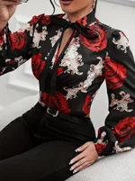 Long Sleeve V-neck Printed Streamer Lace Top - Red