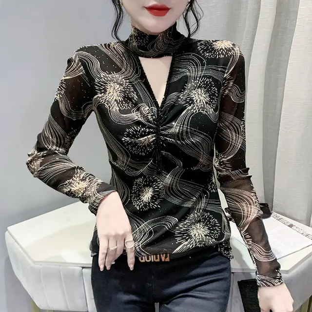 Half Turtleneck Bottoming Shirt Sexy Leopard Print Long Sleeve Black Pattern - Shop at LoveMi