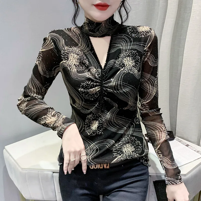 Half Turtleneck Bottoming Shirt Sexy Leopard Print Long Sleeve Black - Shop at LoveMi