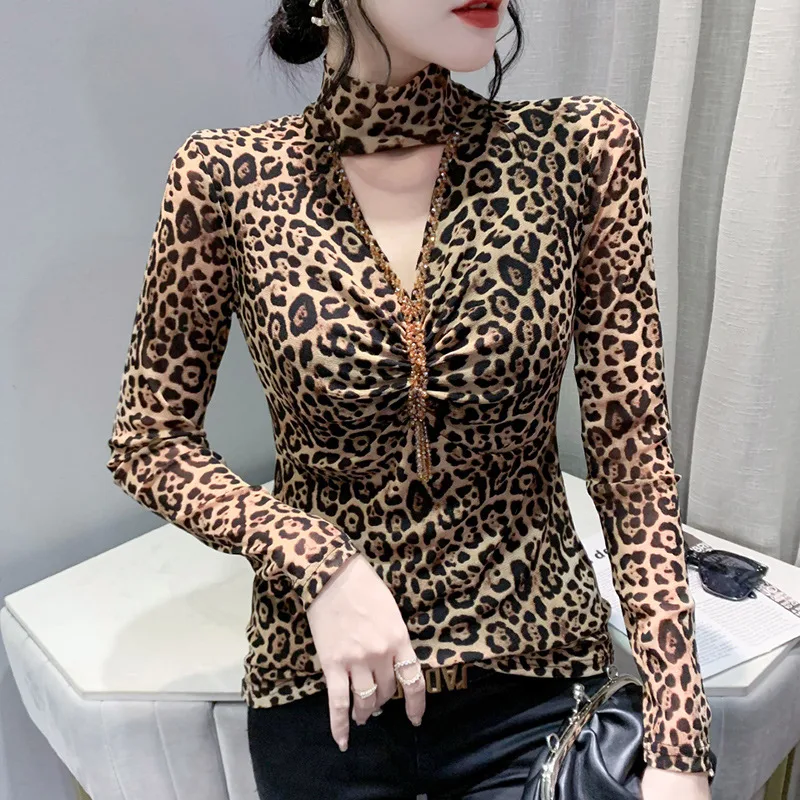 Half Turtleneck Bottoming Shirt Sexy Leopard Print Long Sleeve - Leopard Print