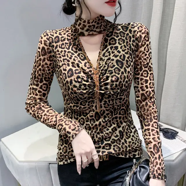Half Turtleneck Bottoming Shirt Sexy Leopard Print Long Sleeve Leopard Print - Shop at LoveMi