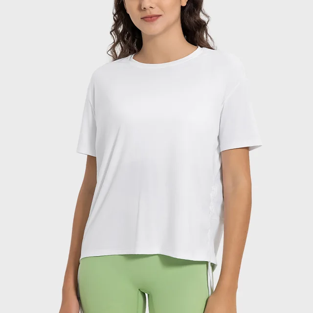 Women's Side Drawstring Yoga Clothes Casual Short Sleeve White - Shop at LoveMi