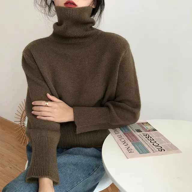 Women's Loose And Simple Pullover Solid Color Sweater Dark Coffee Color - Shop at LoveMi