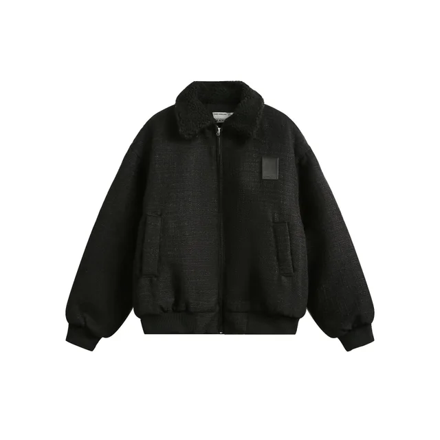 New Winter Fur Collar Fleece Woolen American Beaded Design Cotton padded Coat Black - Shop at LoveMi