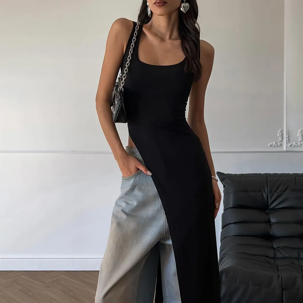 Women's Personality Slim Fit Split Shoulder Strap Dress - Black