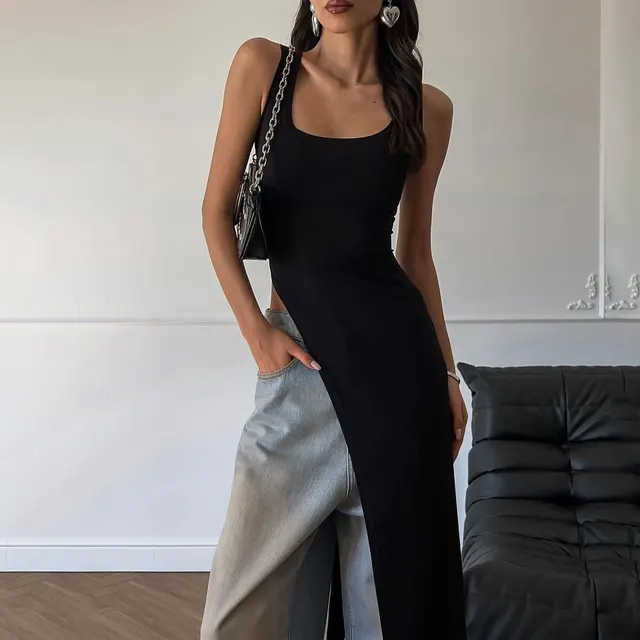 Women's Personality Slim Fit Split Shoulder Strap Dress Black - Shop at LoveMi