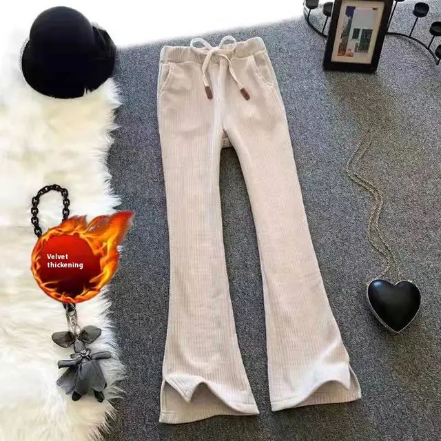 Fleece lined Thickened Chenille High Waist Drooping Slit Casual Pants Beige Plus Velvet - Shop at LoveMi
