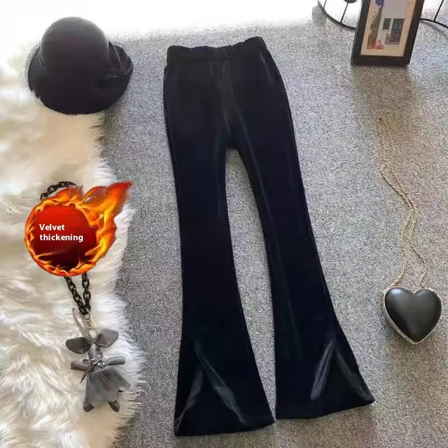 Fleece lined Thickened Chenille High Waist Drooping Slit Casual Pants Black Plus Velvet - Shop at LoveMi