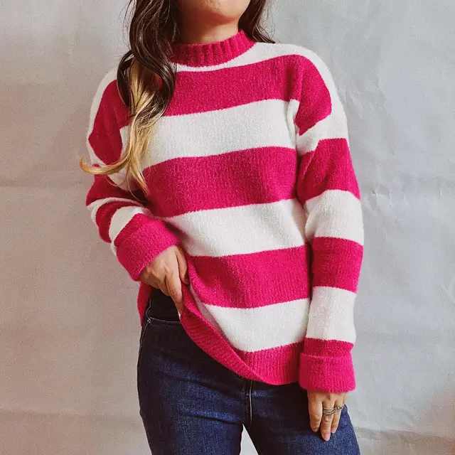 Casual Bold Stripes Candy Color Round Neck Long Sleeve Knitted Pullover Rose Red - Shop at LoveMi