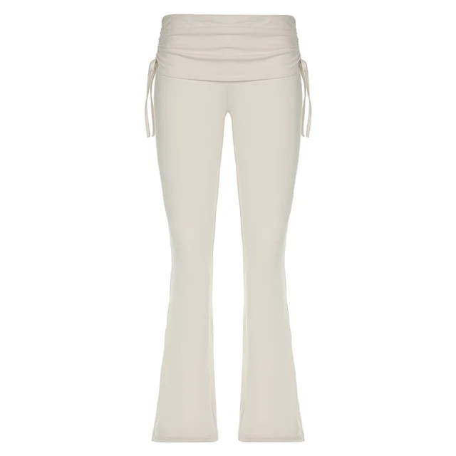 American Street Style Pleating Wide Waist Bootcut Trousers Women Light Yellow - Shop at LoveMi