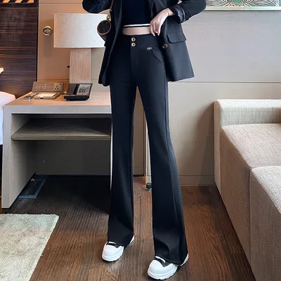 Suit Pants Women's High Waist Slimming Draping Wide Leg Slightly Flared Black Regular With Velvet - Shop at LoveMi