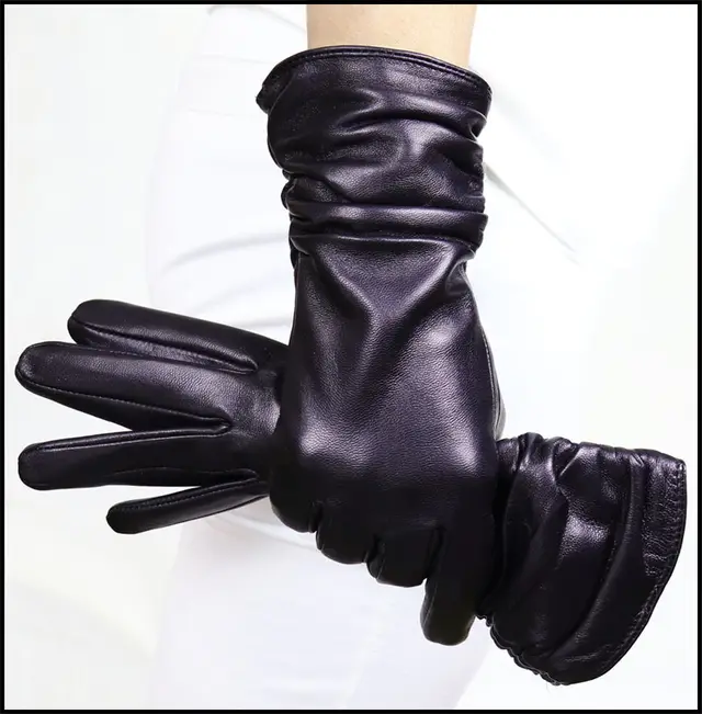 High end Women's Sheepskin Gloves Leather Extended Black Wool Lining - Shop at LoveMi