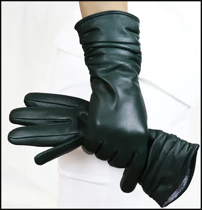 High end Women's Sheepskin Gloves Leather Extended Dark Green With Velvet Lining - Shop at LoveMi