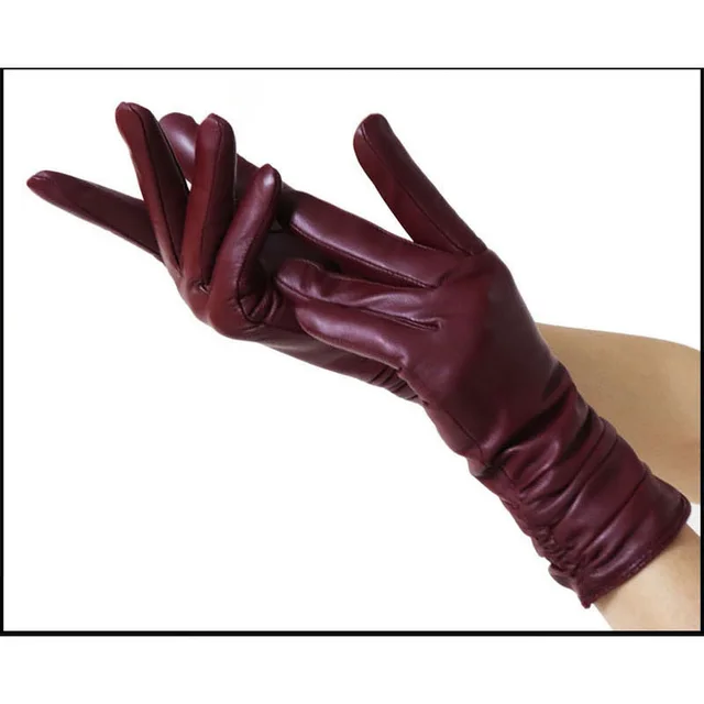 High end Women's Sheepskin Gloves Leather Extended Wool Lining Wine Red - Shop at LoveMi