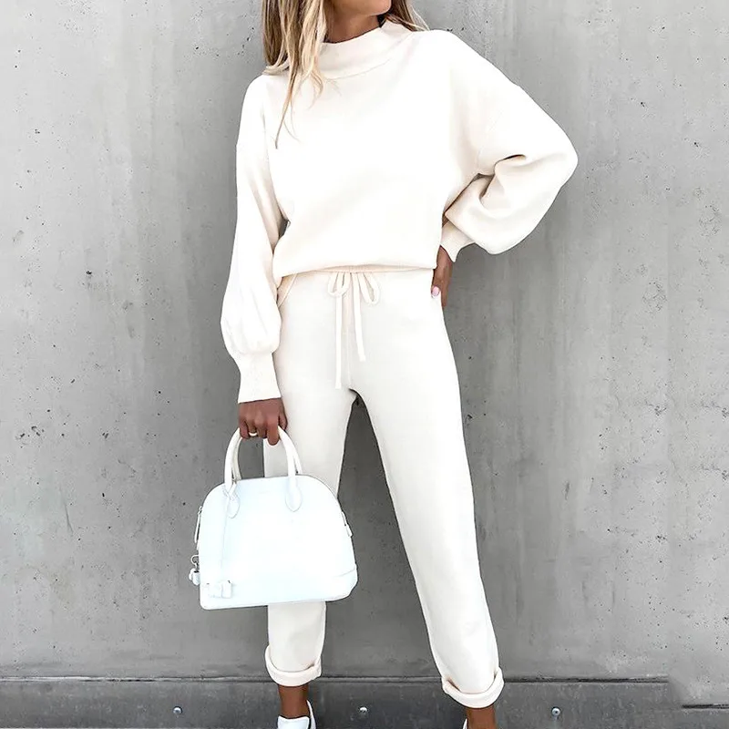 Turtleneck Casual Solid Color Hoodie Suit Beige - Shop at LoveMi