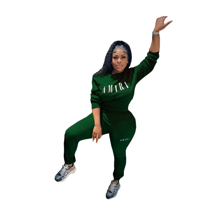 Printed Crew Neck Sweatshirt Two piece Suit Dark Green - Shop at LoveMi