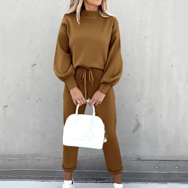 Autumn And Winter Long Sleeve Fleece Fashion Casual Sweater Suit Coffee - Shop at LoveMi