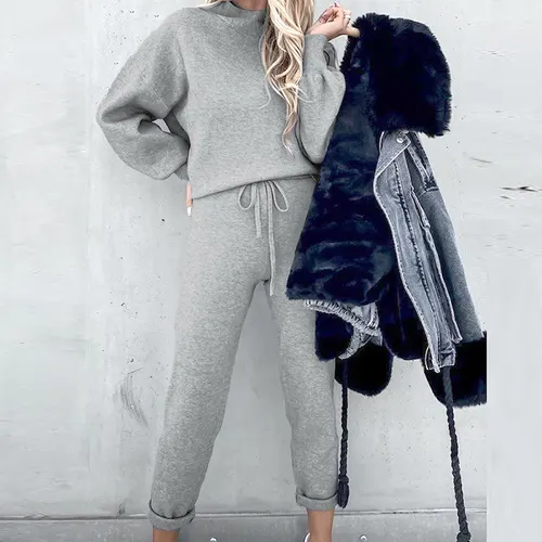 Autumn And Winter Long Sleeve Fleece Fashion Casual Sweater Suit Gray - Shop at LoveMi