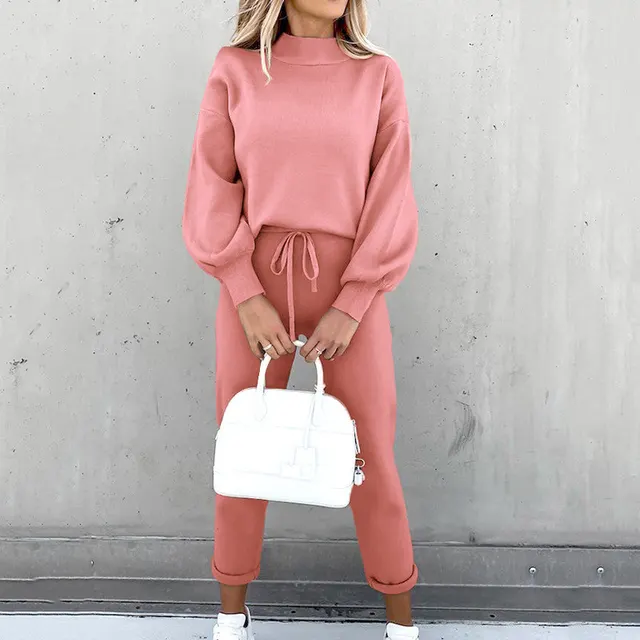 Autumn And Winter Long Sleeve Fleece Fashion Casual Sweater Suit Pink - Shop at LoveMi
