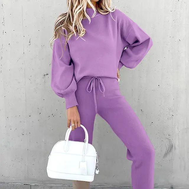 Autumn And Winter Long Sleeve Fleece Fashion Casual Sweater Suit Purple - Shop at LoveMi