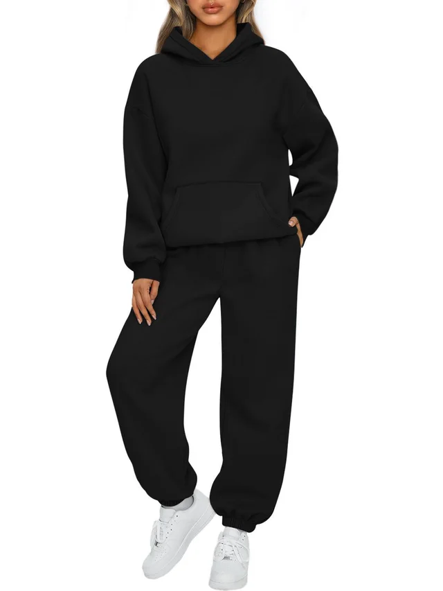 Autumn And Winter New Women's Casual Hooded Sportswear Long Pajama Set Black - Shop at LoveMi