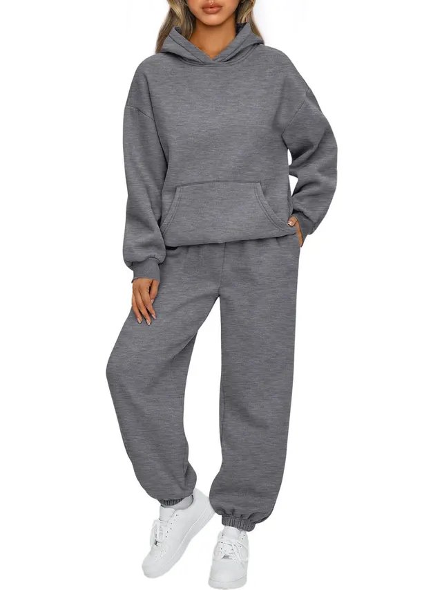 Autumn And Winter New Women's Casual Hooded Sportswear Long Pajama Set Gray - Shop at LoveMi