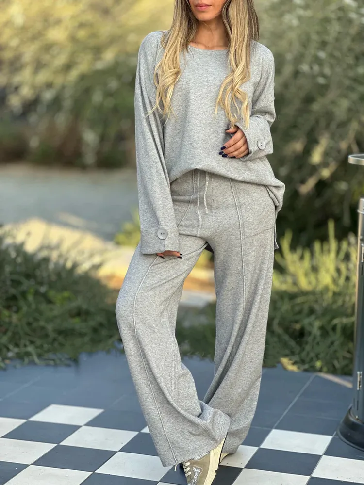 New Fashion Casual Suit Solid Colour Long Sleeve Wide Leg - Grey