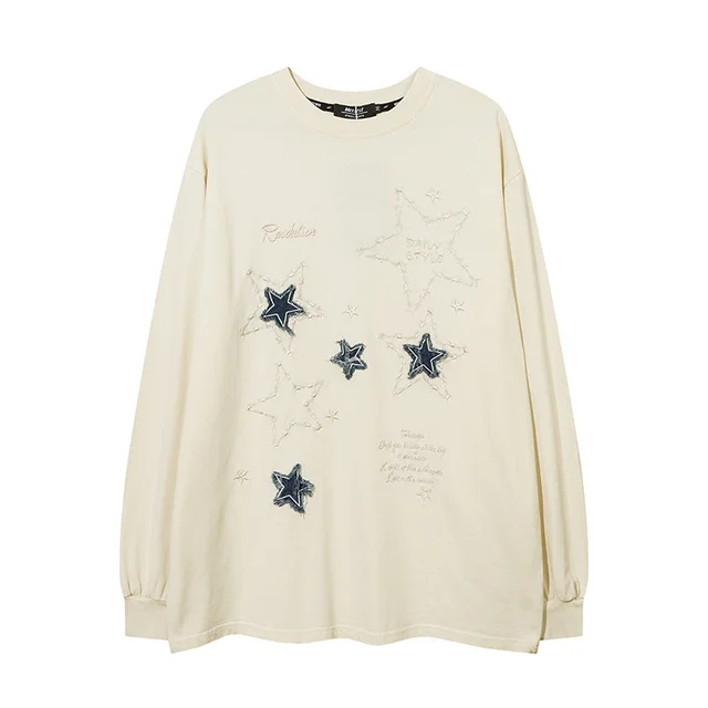 New Five pointed Star Patch Machine Embroidery T shirt Top Apricot - Shop at LoveMi