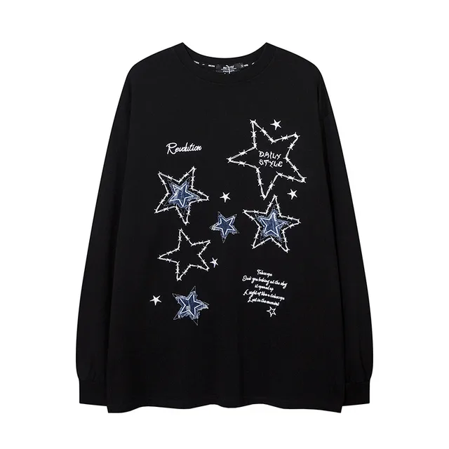 New Five pointed Star Patch Machine Embroidery T shirt Top Black - Shop at LoveMi