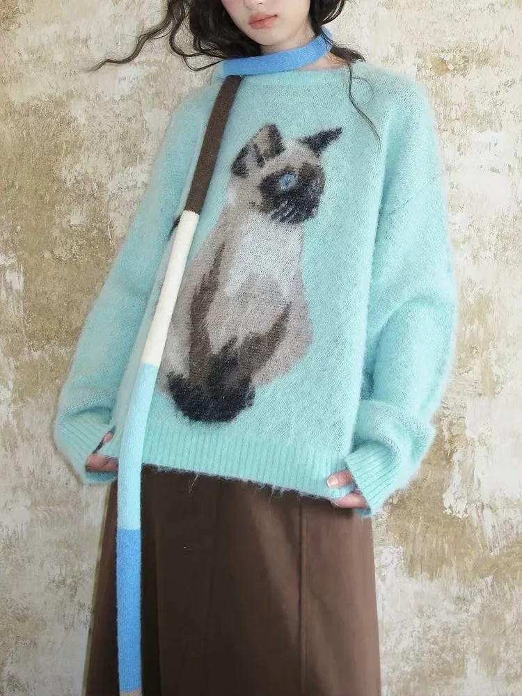 Contrast Color Pullover Cute Cat Brocade Sweater Female Blue - Shop at LoveMi