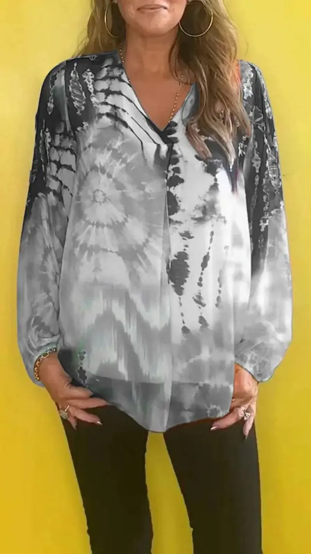 Casual Tie dye Printing Multicolor V neck Shirt Gray - Shop at LoveMi