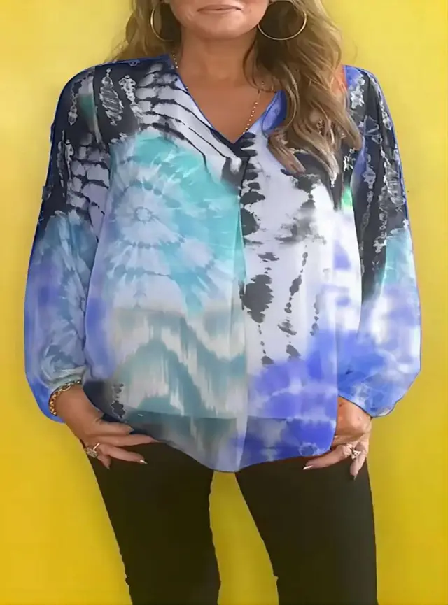 Casual Tie dye Printing Multicolor V neck Shirt Light Blue - Shop at LoveMi