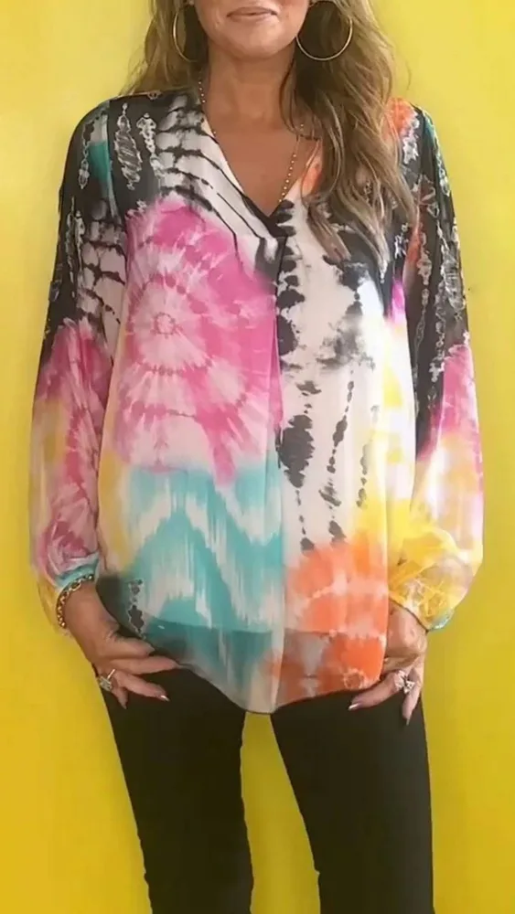 Casual Tie dye Printing Multicolor V neck Shirt Purple - Shop at LoveMi