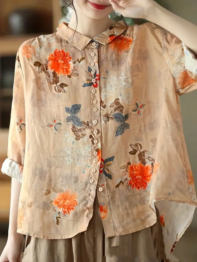 Vintage Flower Print Fashion Shirt Top Khaki - Shop at LoveMi