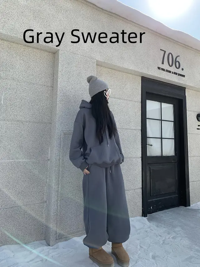 Idle Style Loose Sweater Ankle tied Elastic Waist Thickened Sweatpants Suit Gray Sweater - Shop at LoveMi