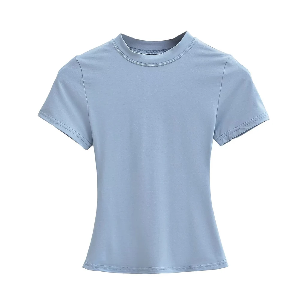 Solid Color Small Round Neck Elastic Shoulder Short Sleeve T-shirt Basic Style Waist-tight - Haze Blue