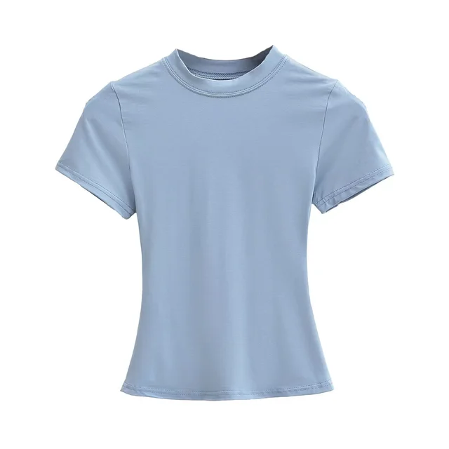 Solid Color Small Round Neck Elastic Shoulder Short Sleeve T shirt Basic Style Waist tight Haze Blue - Shop at LoveMi