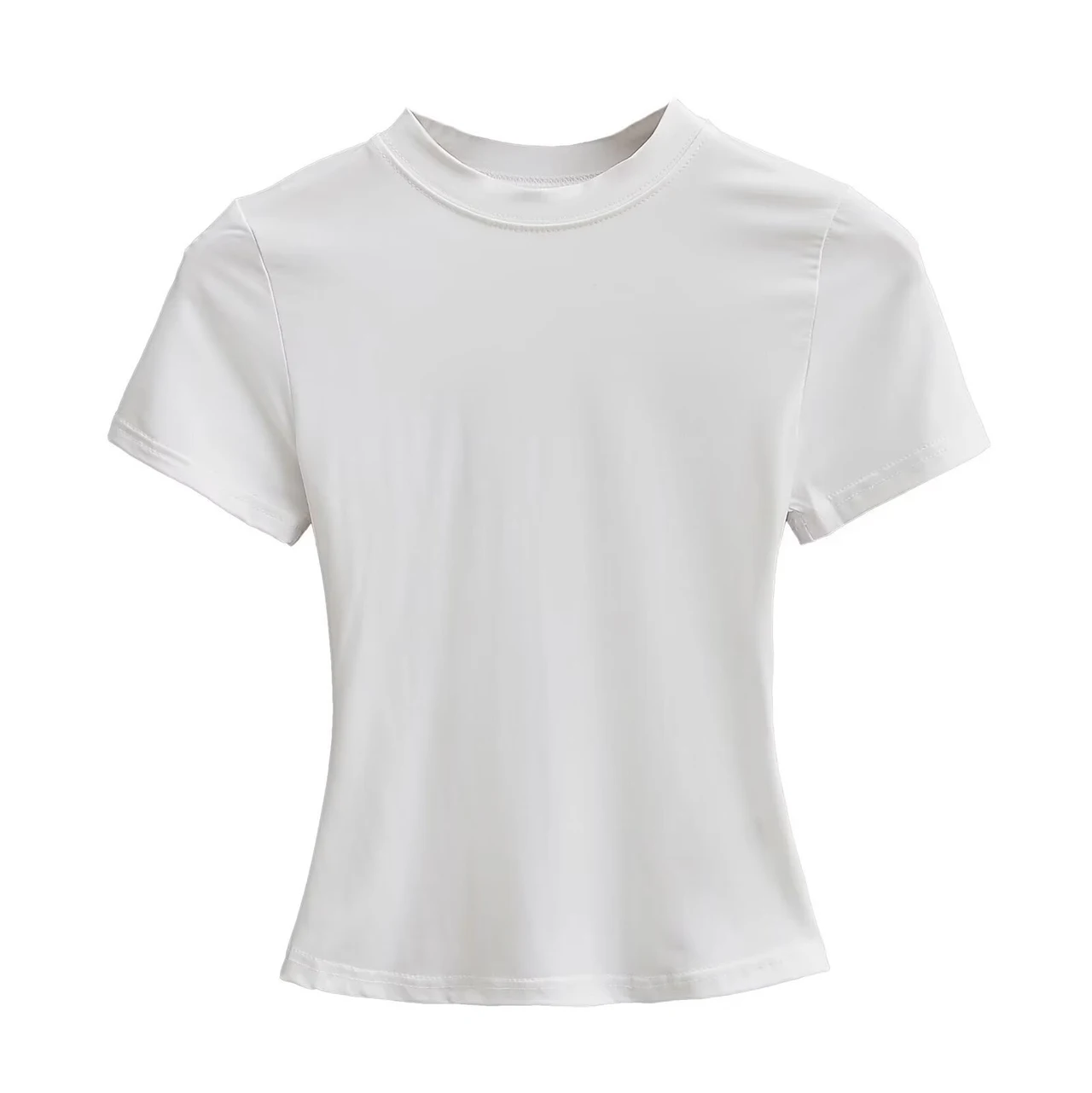 Solid Color Small Round Neck Elastic Shoulder Short Sleeve T-shirt Basic Style Waist-tight - Ivory White - View 1