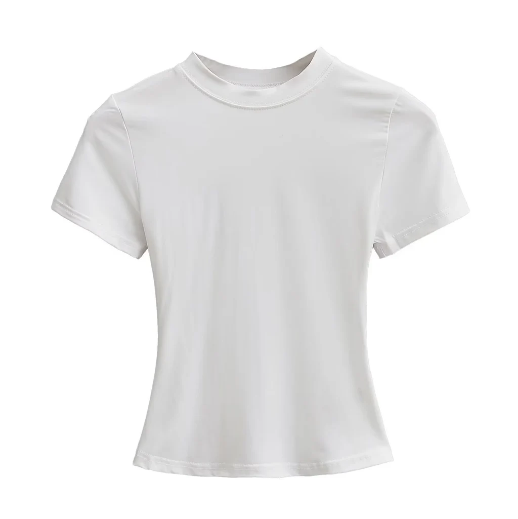 Solid Color Small Round Neck Elastic Shoulder Short Sleeve T-shirt Basic Style Waist-tight - Ivory White