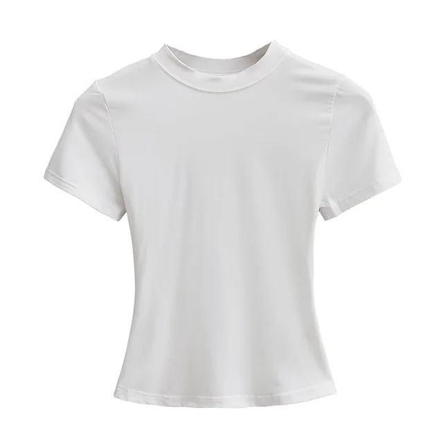 Solid Color Small Round Neck Elastic Shoulder Short Sleeve T shirt Basic Style Waist tight Ivory White - Shop at LoveMi