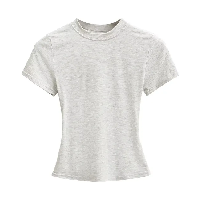 Solid Color Small Round Neck Elastic Shoulder Short Sleeve T shirt Basic Style Waist tight Light Gray - Shop at LoveMi