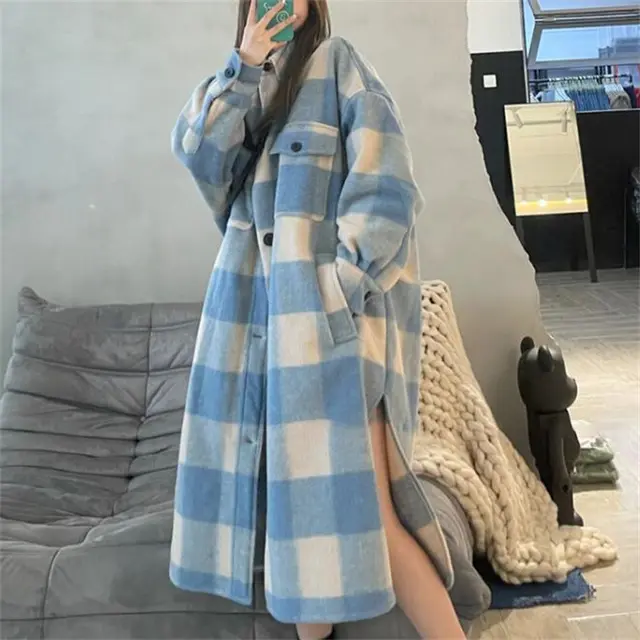 Retro Blue Plaid Contrast Color Single breasted Loose Overcoat Coat Blue - Shop at LoveMi