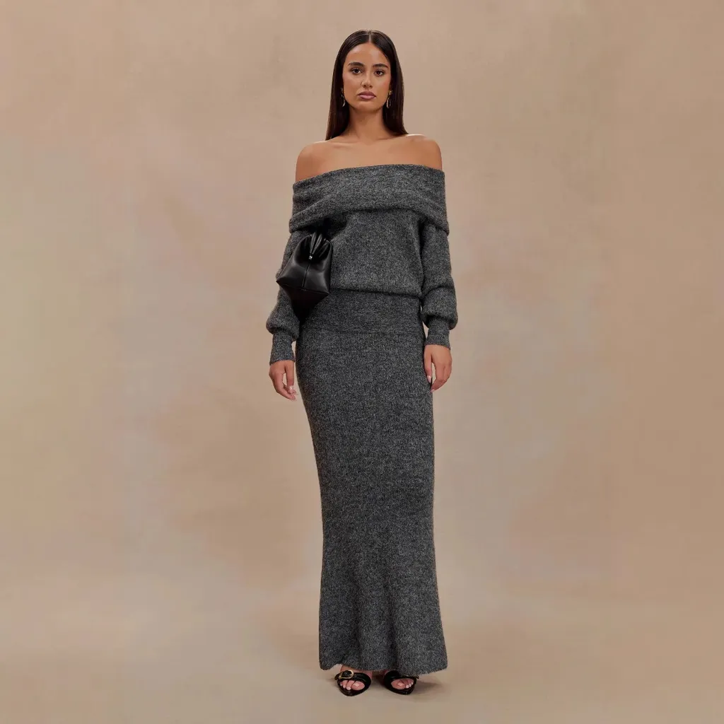 Fashion Shoulder-baring Skirt Elegant Outfit Women - Flower Gray