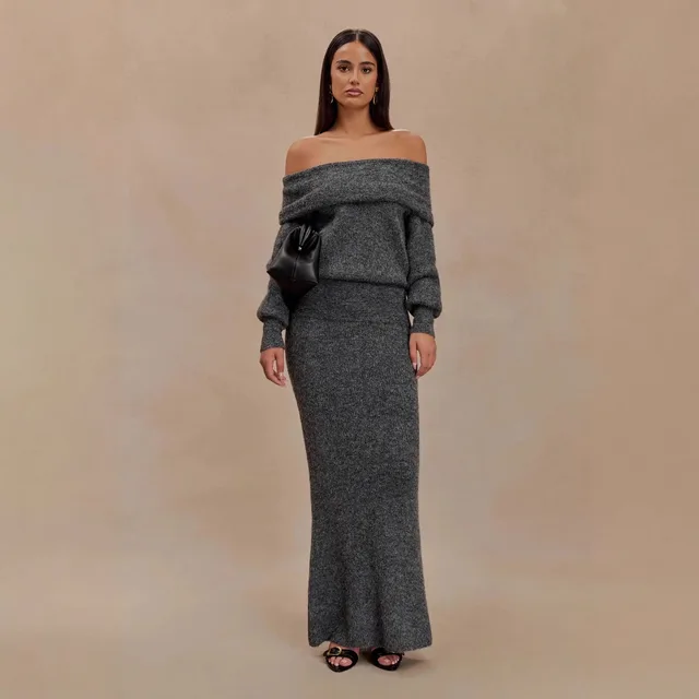 Fashion Shoulder baring Skirt Elegant Outfit Women Flower Gray - Shop at LoveMi